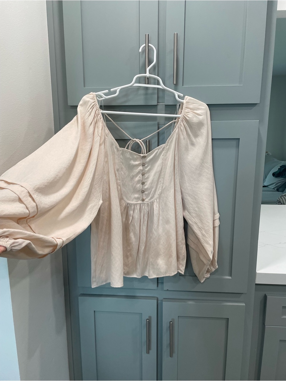Staccato Soft Beige Peasant Blouse with Button Front